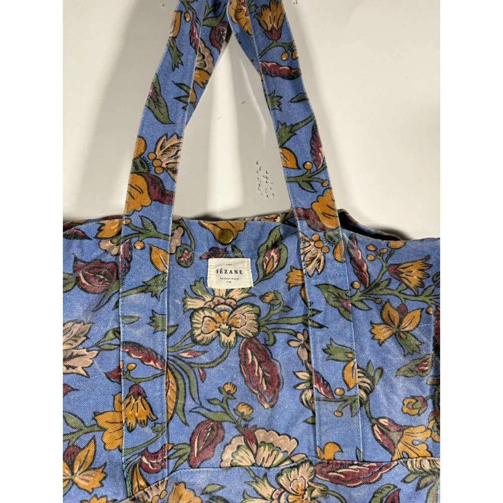Sezane Blue Floral Canvas Tote Bag Botanical Print Shopper